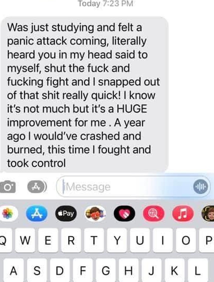 Student text describing improved anxiety control during studying