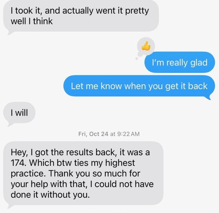 Student text reporting a 174 LSAT score