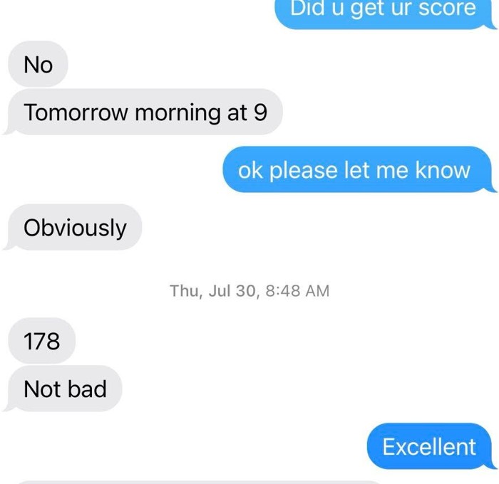 Student text reporting a 178 LSAT score and thanking Scott